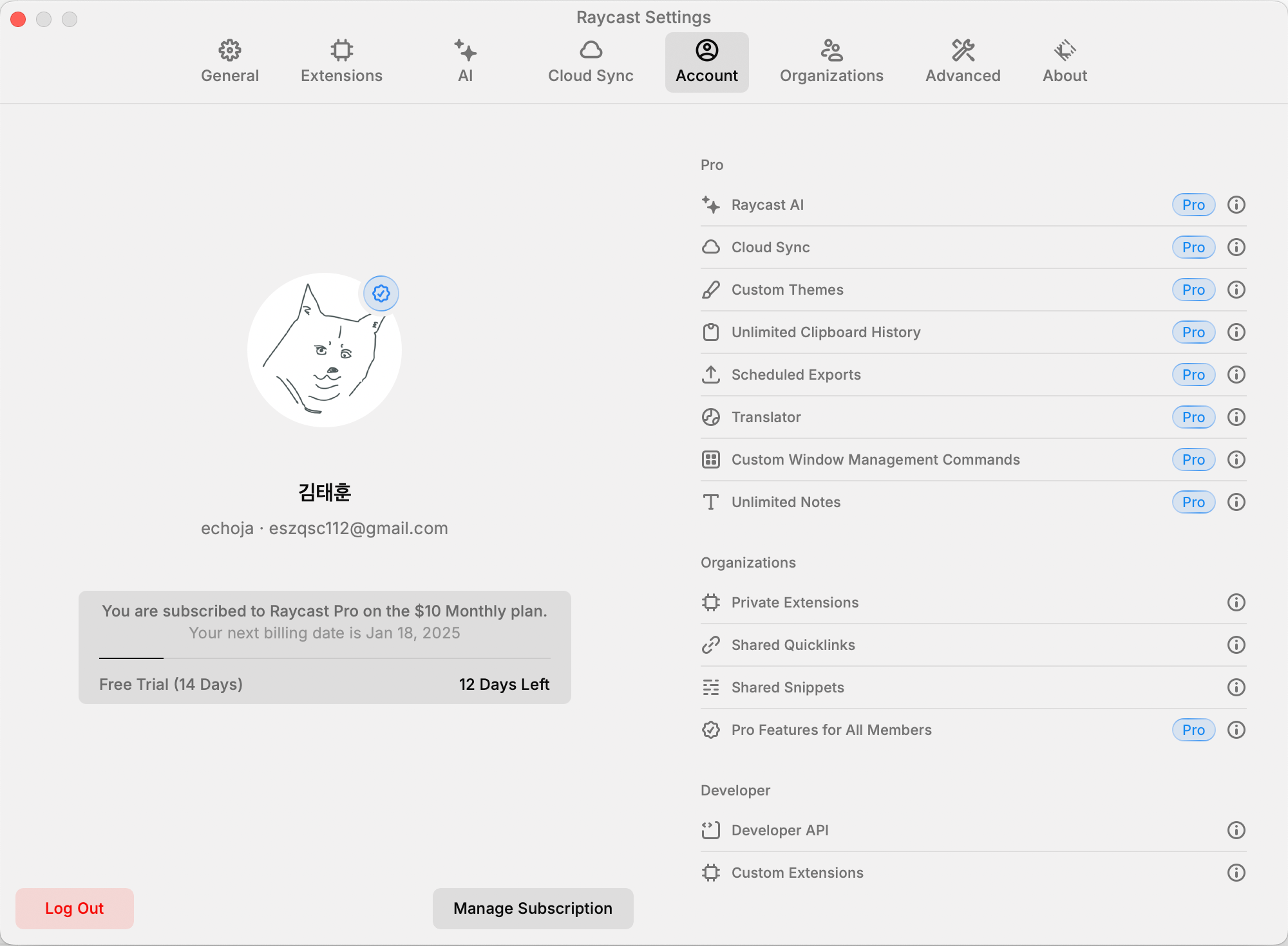Raycast 설정 - Account