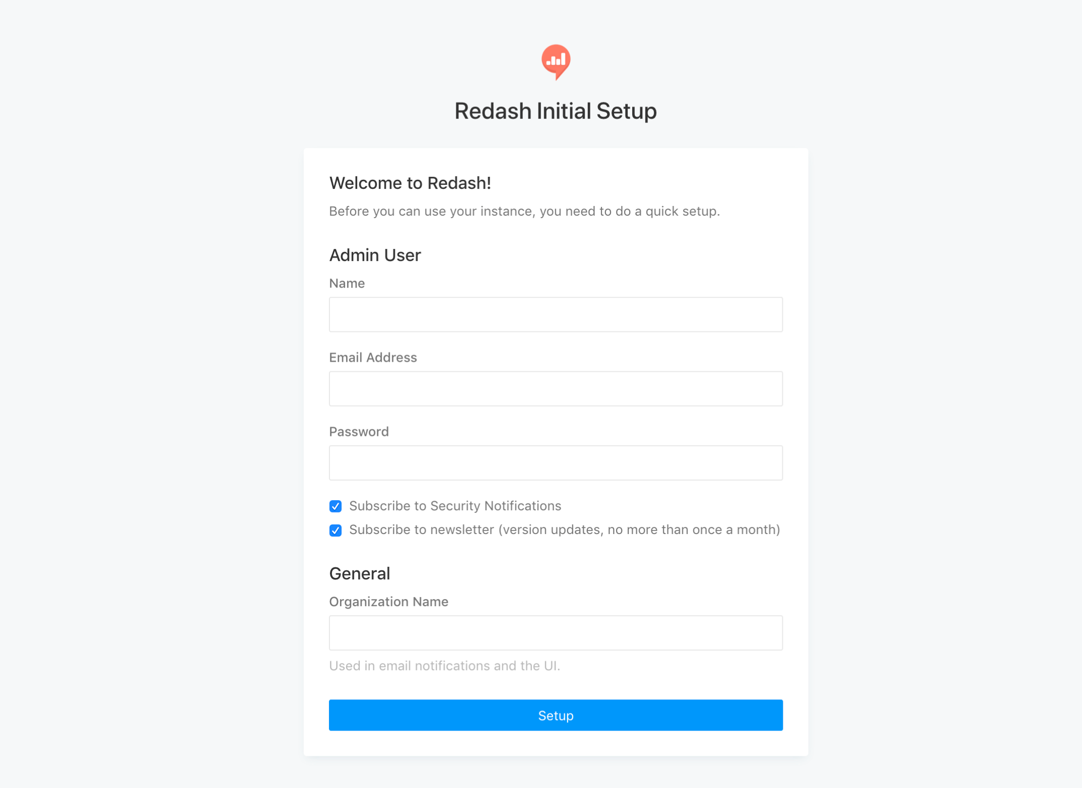 Redash Initial Setup 페이지