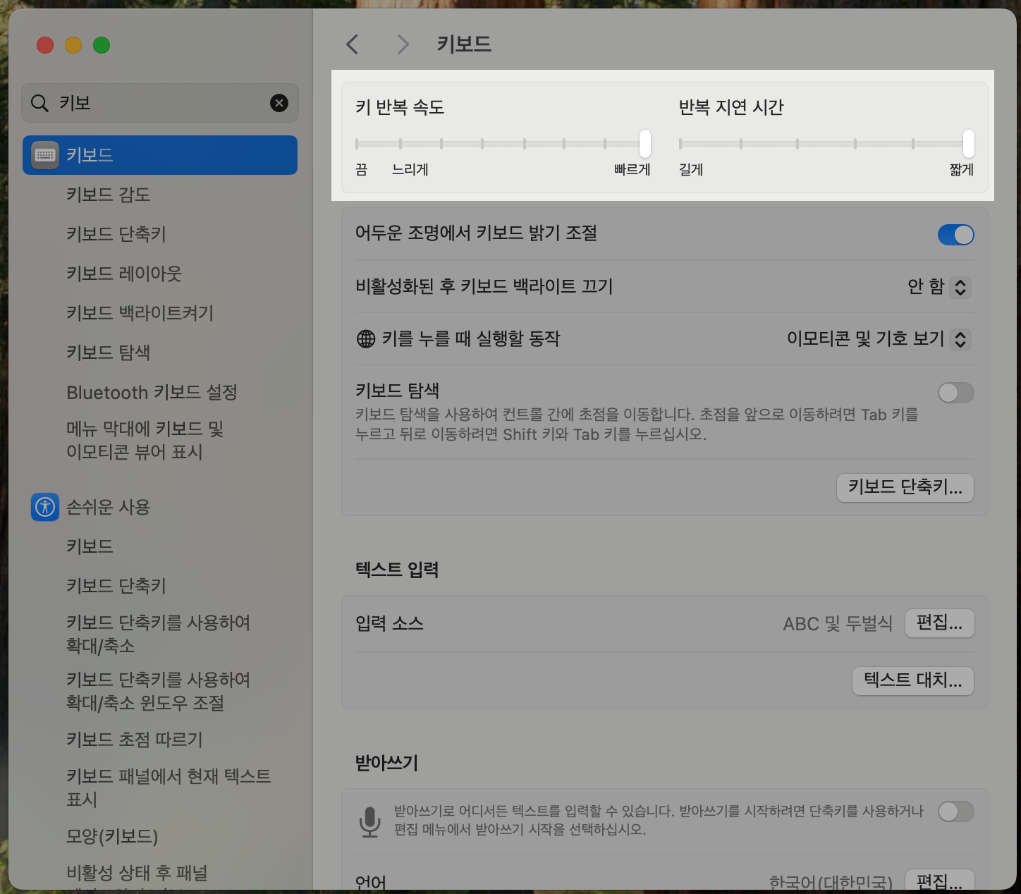 키보드 설정에서 키 반복 속도, 반복 지연 시간 최대로 올리기