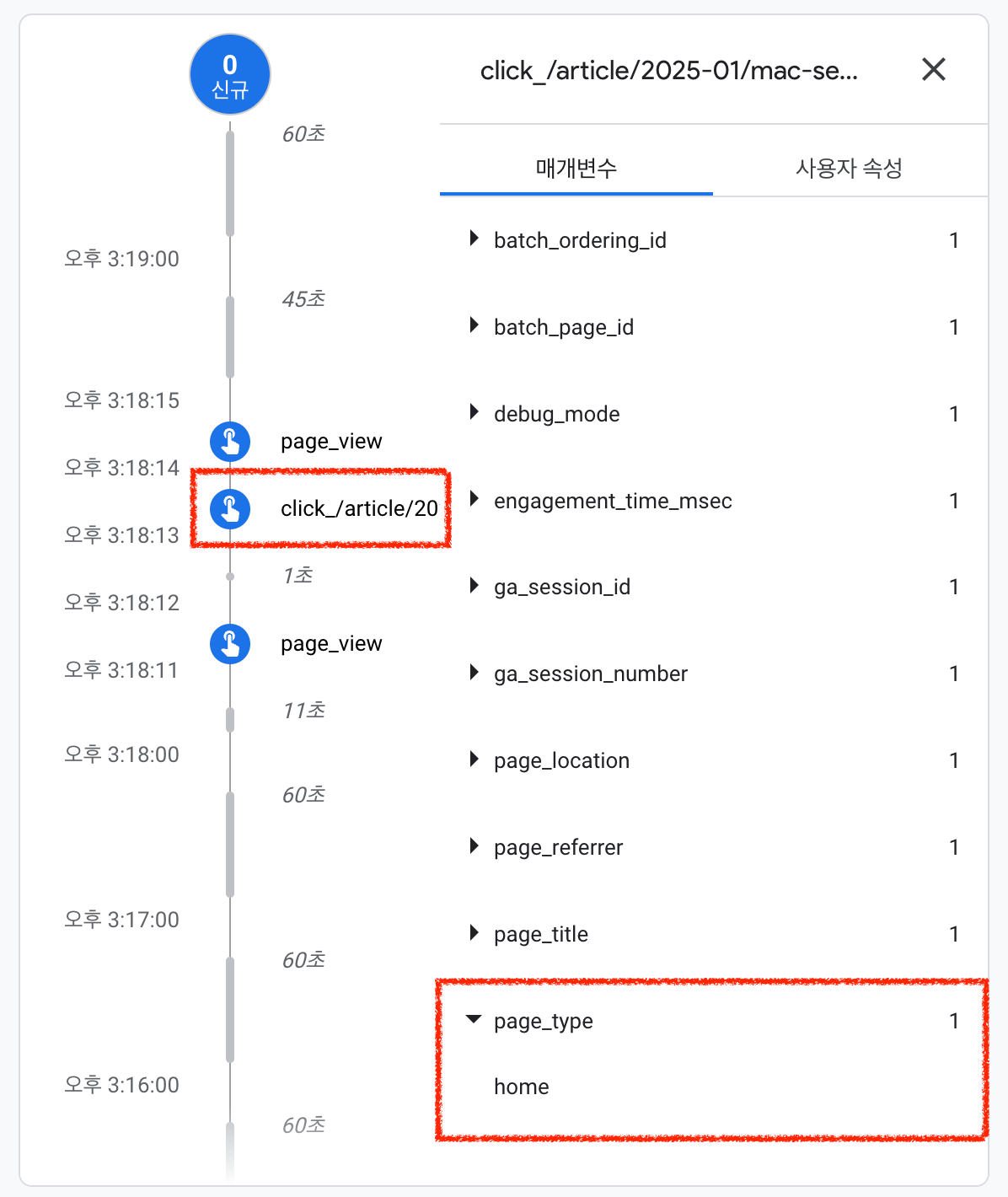 DebugView 에서 page_type 값이 넘어오고 있는 모습
