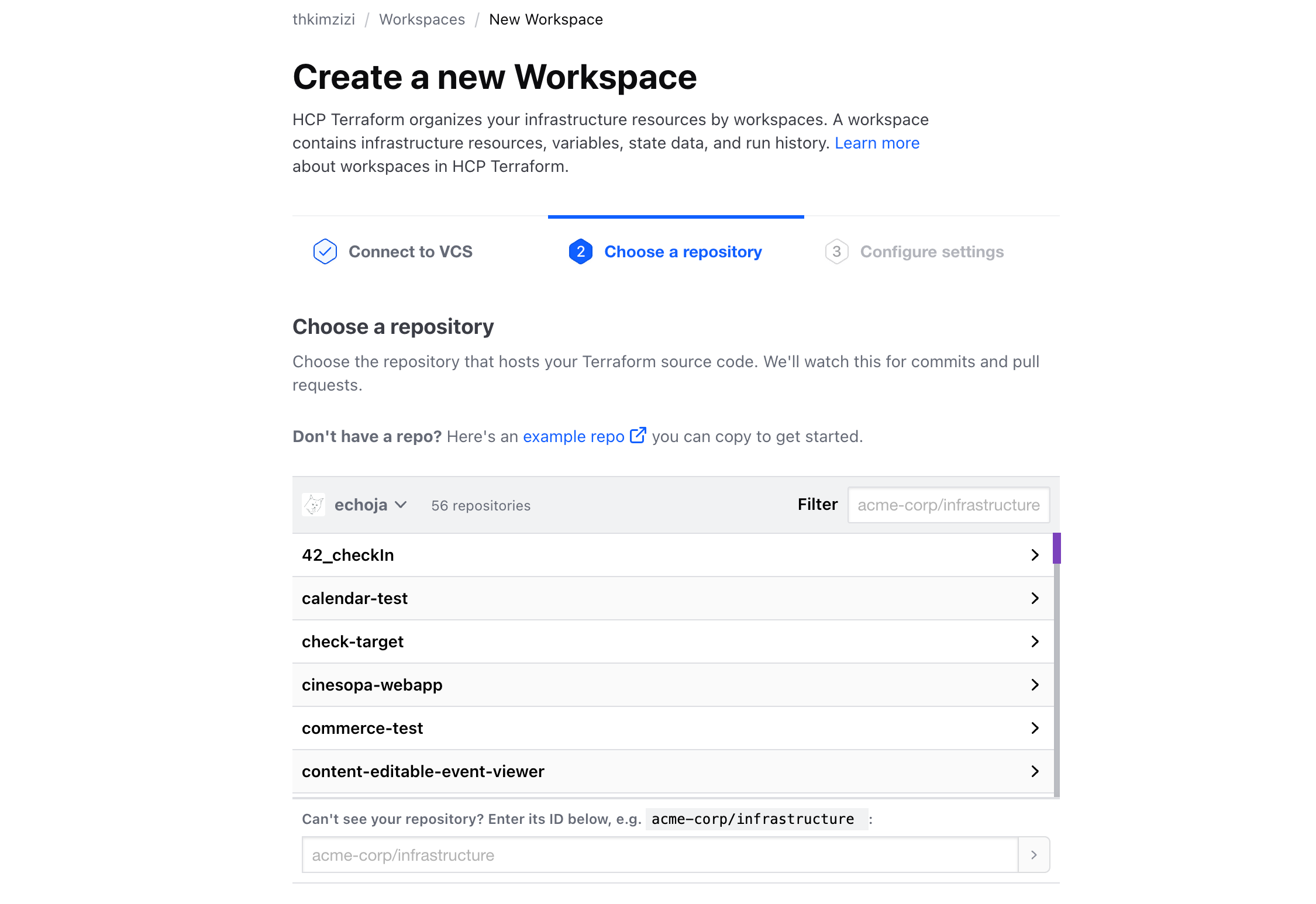 HCP Terraform - Create a new Workspace: GitHub의 계정을 연결하고 원하는 레포를 선택합니다